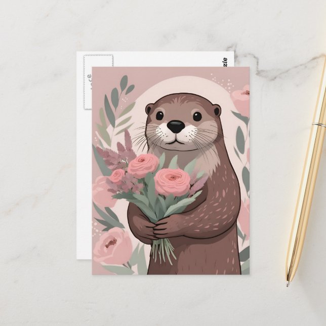 Carte Postale Adorable Otter With Flowers (Devant/Arrière en situation)