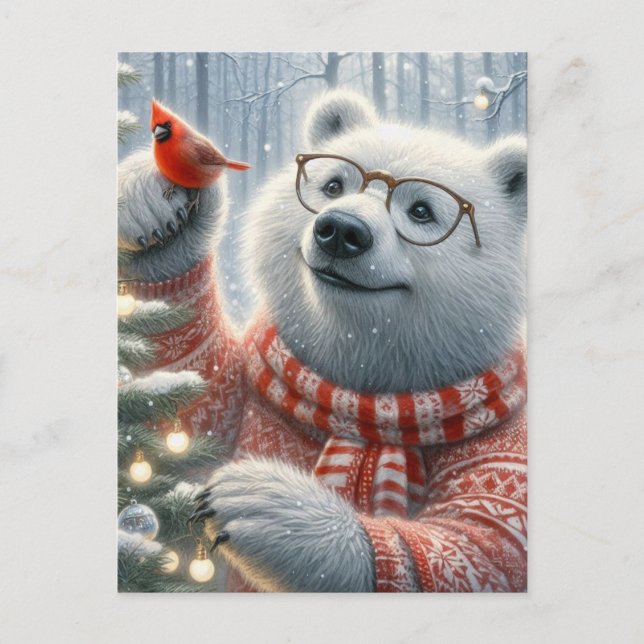 Carte Postale Adorable Ours polaire de Noël et Arbre cardinal (Devant)