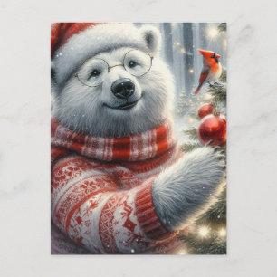 Carte Postale Adorable Ours polaire de Noël et Oiseau cardinal