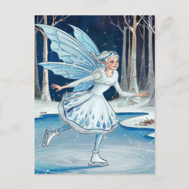 Carte Postale Adorable Patinage sur glace Fée Bleu Blanc (Devant)
