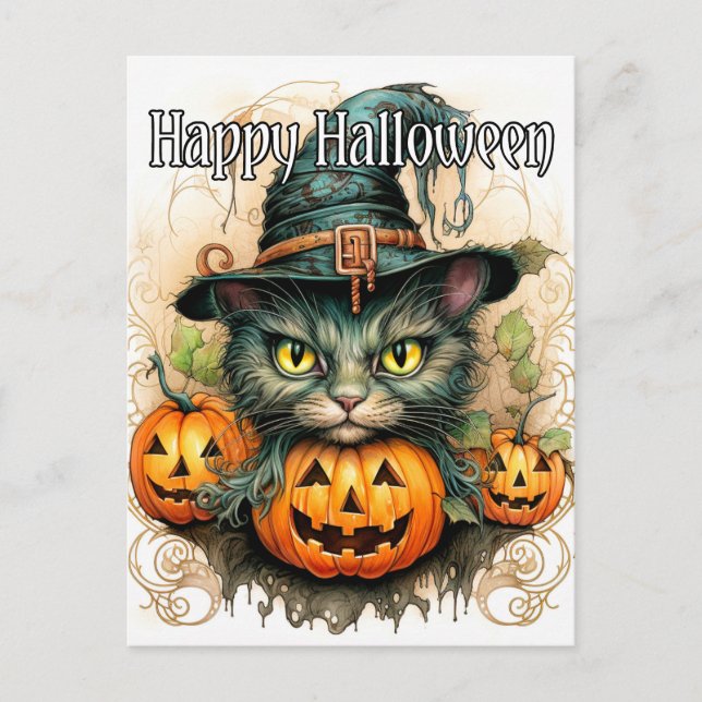Carte Postale Adorable Petit Kitty Chat sorcière Halloween heure (Devant)