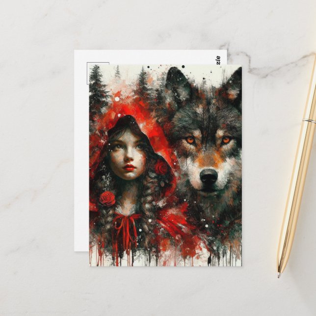 Carte Postale Adorable Petit Rouge et Loup (Devant/Arrière en situation)