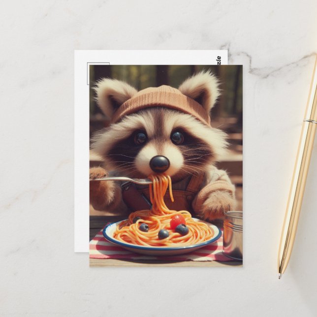 Carte Postale Adorable Raccoon Mange Spaghetti (Devant/Arrière en situation)