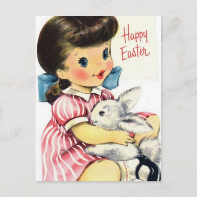Carte Postale Adorable Retro Happy Pâques fille et lapin (Devant)