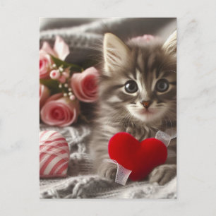 Carte Postale Adorable Saint-Valentin Fluffy Grey Kitten AI Art