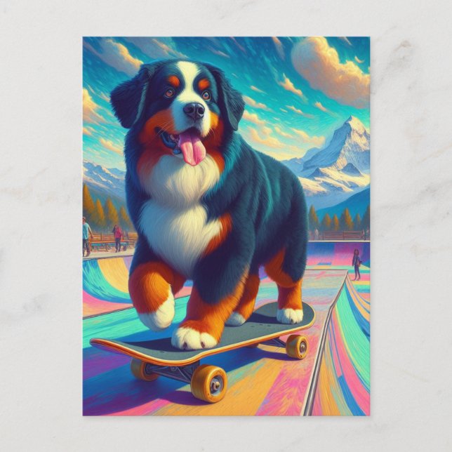 Carte Postale Adorable Skateboard Bernese Mountain Dog (Devant)