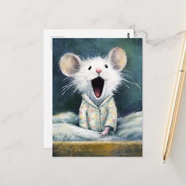 Carte Postale Adorable Sleepy White Mouse in PJs 