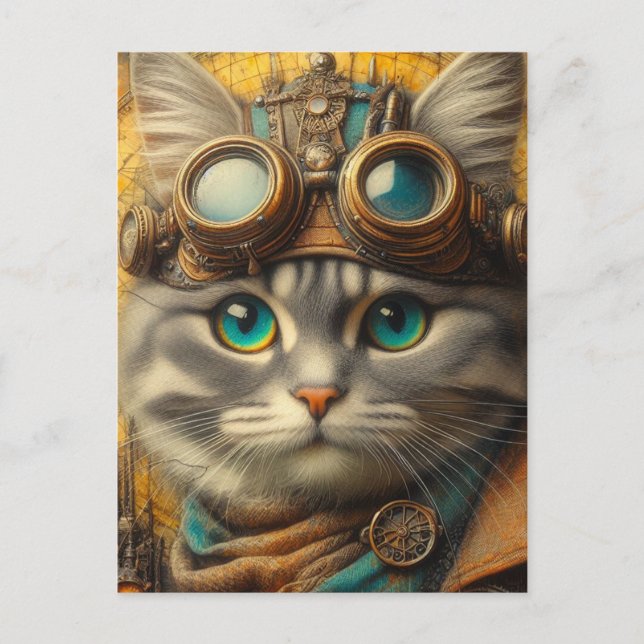 Carte Postale adorable steampunk grey cat (Devant)