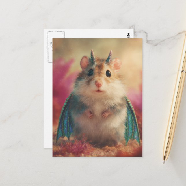 Carte Postale Adorable Sweet Hamster Dragon with Horns (Devant/Arrière en situation)