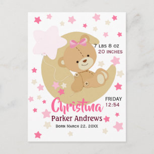 Carte Postale Adorable Teddy Bear Baby Girl Stats de naissance