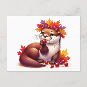 Carte Postale Adorable Thanksgiving Otter aux canneberges