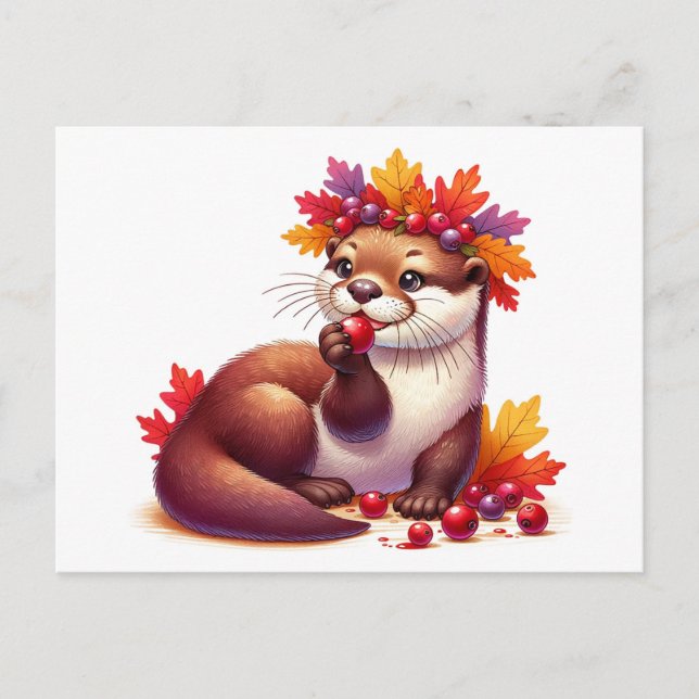 Carte Postale Adorable Thanksgiving Otter aux canneberges (Devant)