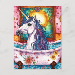 Carte Postale Adorable Unicorn bleu et mauve mane dans le bain