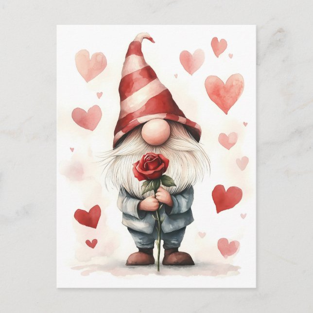 Carte Postale Adorable Valentine's Gnome : avec un Rose (Devant)