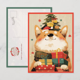 Carte Postale Adorable Welsh Corgi avec cadeaux de Noël