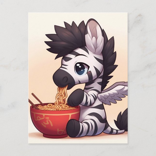 Carte Postale Adorable Zebra Angel manger Ramen (Devant)