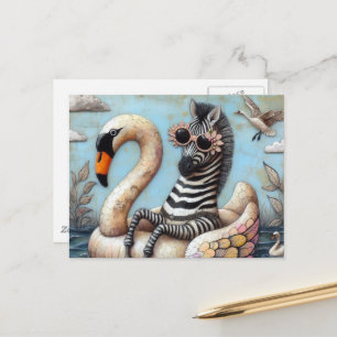 Carte Postale Adorable Zèbre sur un cygne gonflable