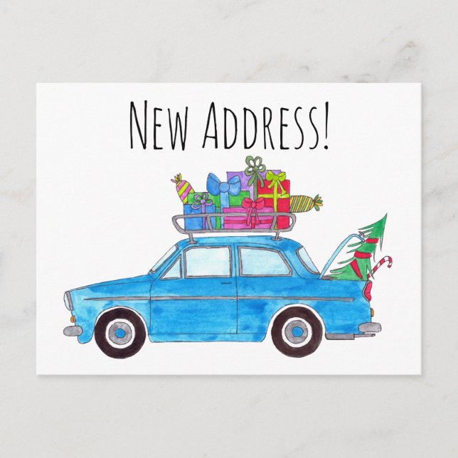 Carte Postale Adresse Voiture bleue Faire-part avec cadeaux de N (Devant)