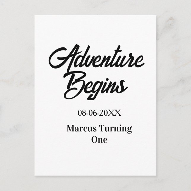 Carte Postale Adventure begins 1st birthday name date simple min (Devant)