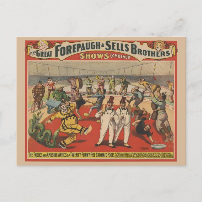 Carte Postale Affiche de cirque montrant les pitreries amusantes (Devant)