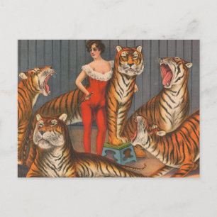 Carte Postale Affiche de cirque vintage de femme avec six tigres