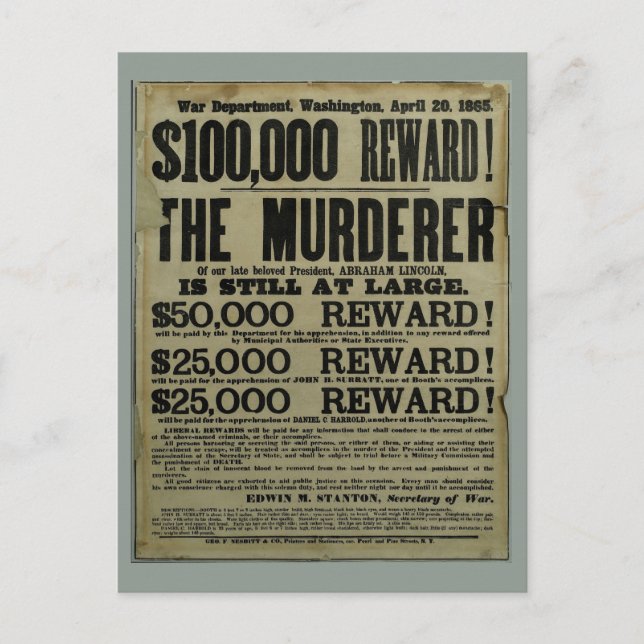 Carte Postale Affiche de meurtre de John Wilkes Booth Lincoln (Devant)