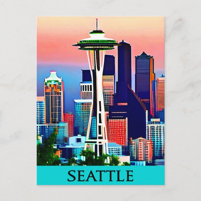 Carte Postale Affiche de voyage de Seattle sous un ciel à l'aube (Devant)