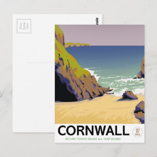Carte Postale Affiche de voyage de style Vintage Cornwall.