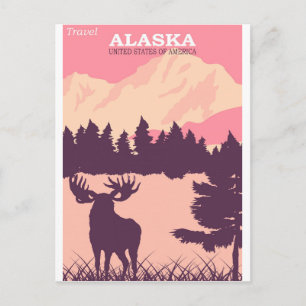 Carte Postale Affiche de voyage vintage rose Nature Moose Alaska