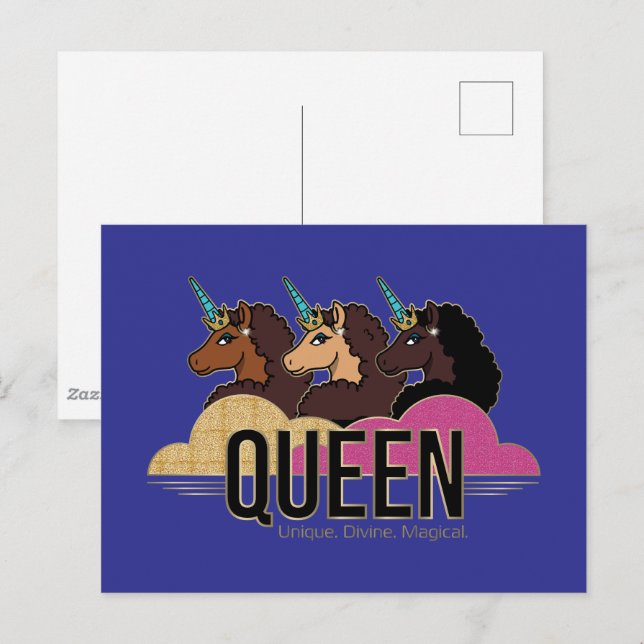 Carte Postale Afro Unicorn Queen Trio Design (Devant / Derrière)