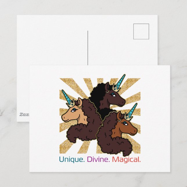 Carte Postale Afro Unicorn Trio : Unique, Divine et Magique (Devant / Derrière)