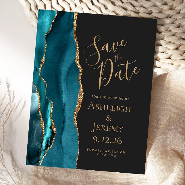 Carte Postale Agate moderne Turquoise Gold Dark Wedding Enregist (Créateur téléchargé)