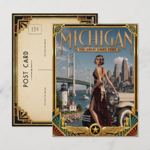 Carte Postale Âge d'or Art Déco vintage du Michigan