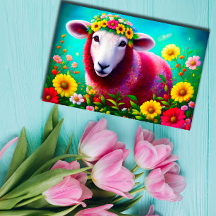 Carte Postale Agneau Animal mignon Fleurs brillantes rose coloré