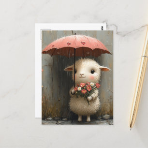 Carte Postale Agneau aux fleurs et parapluie en pluie