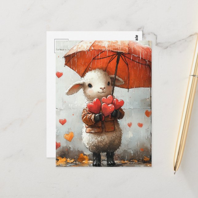 Carte Postale Agneau avec Coeurs et Parapluie (Devant/Arrière en situation)