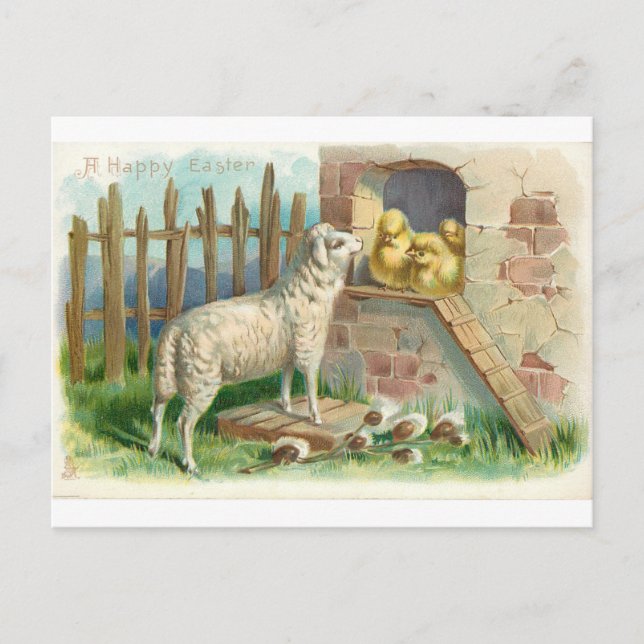 Carte postale : agneau de Pâques et poussins (Devant)
