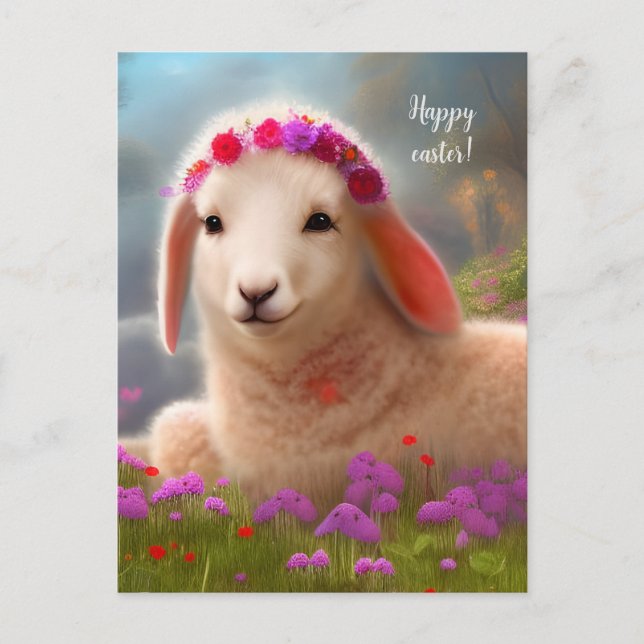 Carte Postale Agneau de Pâques mignon avec fleurs - Pâques (Devant)