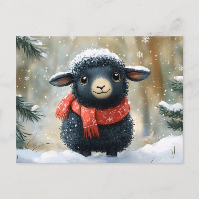 Carte Postale Agneau Noir Adorable Avec Écharpe Rouge (Devant)