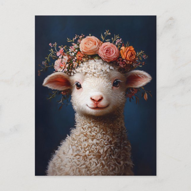 Carte Postale Agneau portant une couronne de fleurs (Devant)