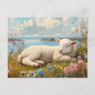 Carte Postale Agneau printanier dormant dans une prairie de fleu