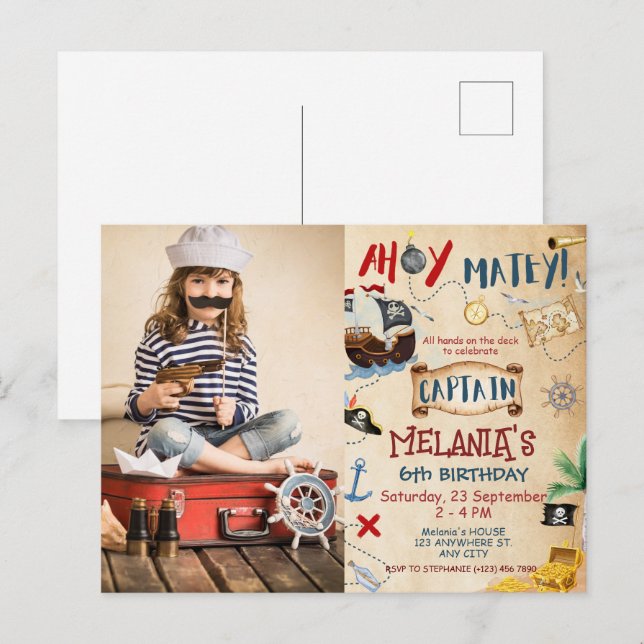 Carte Postale Ahoy Captain Treasure Pirate anniversaire de enfan (Devant / Derrière)