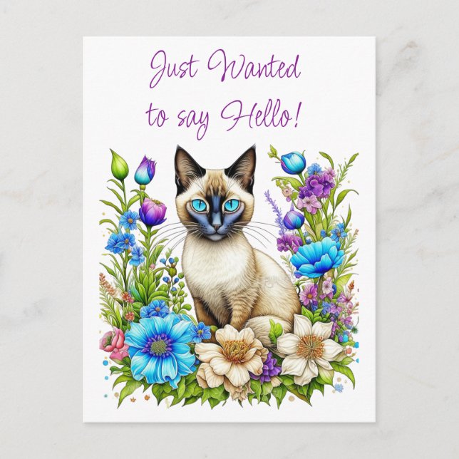 Carte Postale Ai Aquarelle Siamese Chat en Fleurs (Devant)