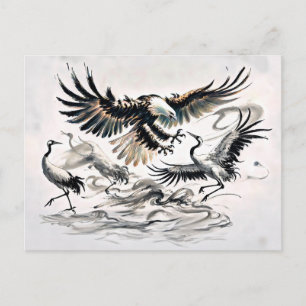 Carte Postale Aigle chasse une grue peinture chinoise à l'encre