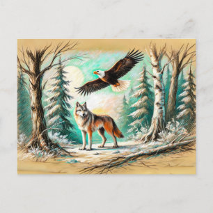 Carte Postale Aigle et loup dans le dessin de chaloupe pastel en