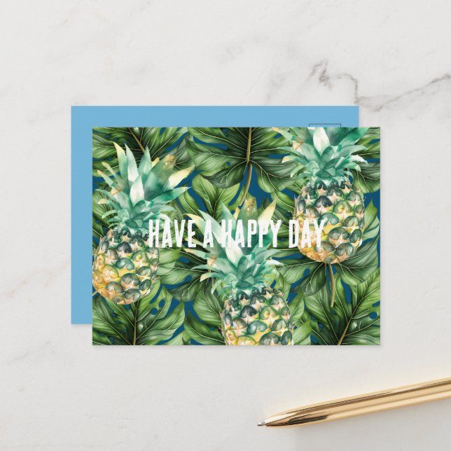 Carte Postale Aiguilles Feuilles tropicales bleues (Devant/Arrière en situation)