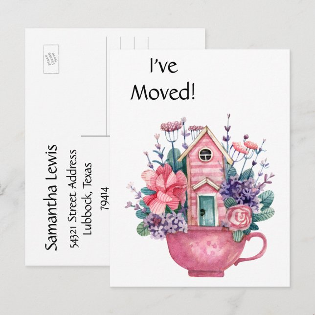 Carte Postale Ajouter Photo, I've Moved Pink Fairytale Home Cart (Devant / Derrière)