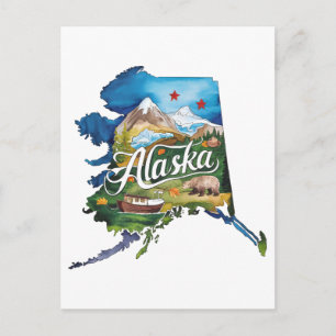 Carte Postale Alaska État USA Forme Aquarelle Vintage 