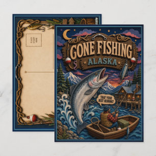 Carte Postale Alaska Parti à la Pêche Saumon Royal Géant
