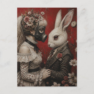 Carte Postale Alice au masque à gaz avec lapin blanc Fantastique